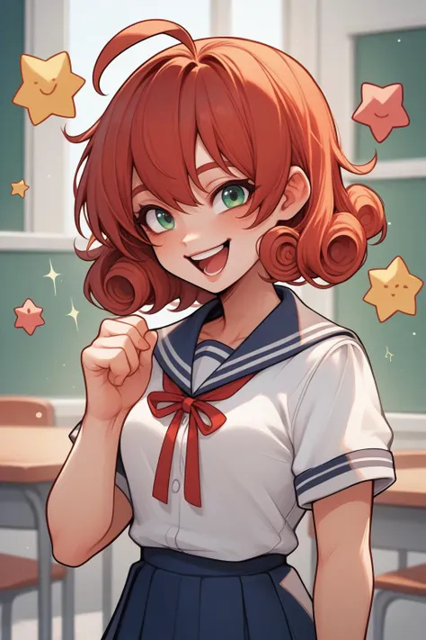 score_9, score_8_up, 1girl <lora:NSPennyStardew:1> NSPennyStardew, short hair, curly hair, red hair, school uniform, happy, ahoge, chibi