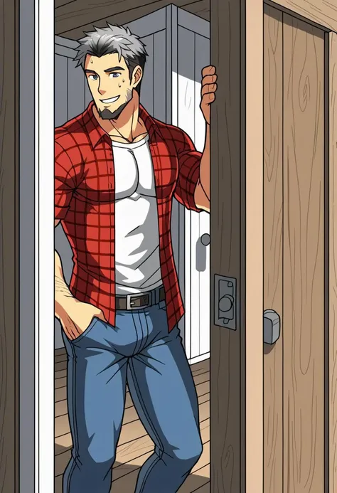 (A man with gray hair and a beard leaning on a doorway), animated, cartoon, art, cell-shaded, blended, hard shading, gradient shadows, gradient highlights, prominent highlights, farmer, strong, muscular, cool, sweating, smiling, calm look, plaid shirt, jeans, boots, hairy arms