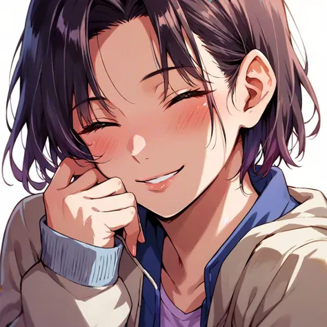 score_9, score_8_up, score_7_up, score_6_up, score_5_up, score_4_up, 1girl, solo, short hair, black hair, hair slicked back, shirt, jacket, portrait, blush, smiling, happy, closed eyes, takeda hiromitsu style, looking at viewer,