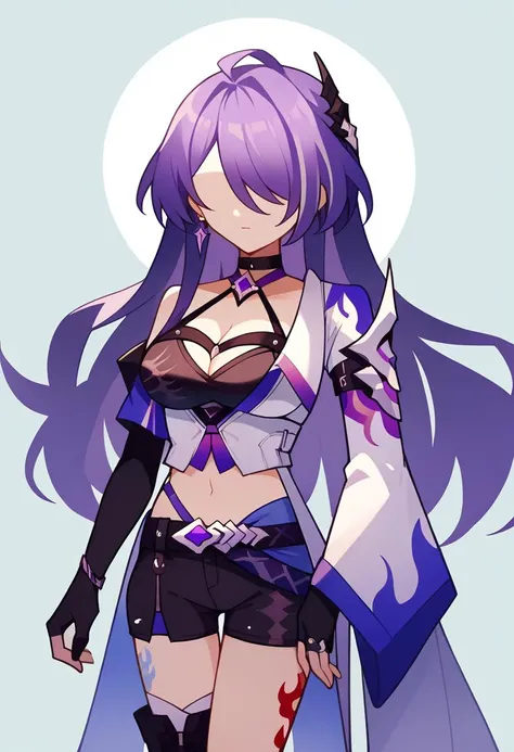 score_9, score_8_up, score_7_up, source_anime, <lora:PonyMinimalStyle:1>, MinimalStyle, simple, vector, (faceless female, faceless character:1.1), flat colors,
<lora:acheron-hsr-richy-v1_pdxl:1>, acherondef, purple hair, long hair, hair over one eye, hair ornament,, single shoulder pad, asymmetrical clothing, navel, midriff, coat, halterneck, cleavage, choker, large breasts, crop top, wide sleeve, elbow glove, black gloves, black shorts, belt, thigh boot, knee boot, asymmetrical legwear, leg tattoo, fingerless gloves, earrings,