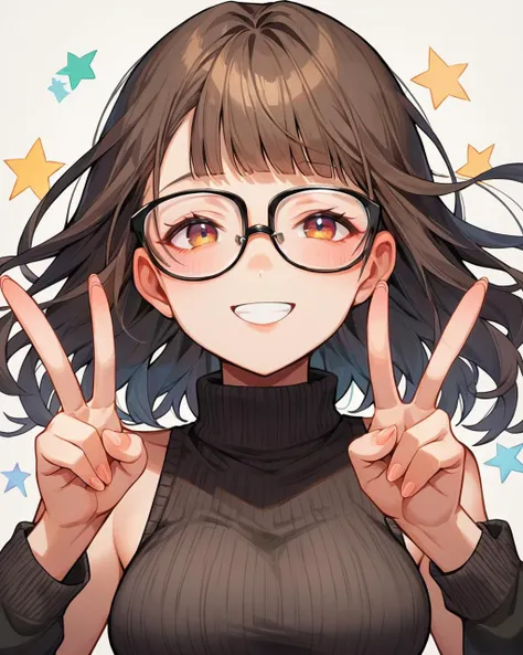 score_9, score_8_up, 1girl, masterpiece,,nanahime,skirt,star_\(symbol\),simple_background,looking_at_viewer,large_breasts,one_eye_closed,turtleneck,glasses,v,bare_arms,upper_body,long_fingernails,turtleneck_sweater,double_v,1girl,smile,long_hair,hands_up,open_mouth,fingernails,sleeveless_sweater,blunt_bangs,breasts,highres,sweater,breasts_squeezed_together,white_background,solo,sleeveless