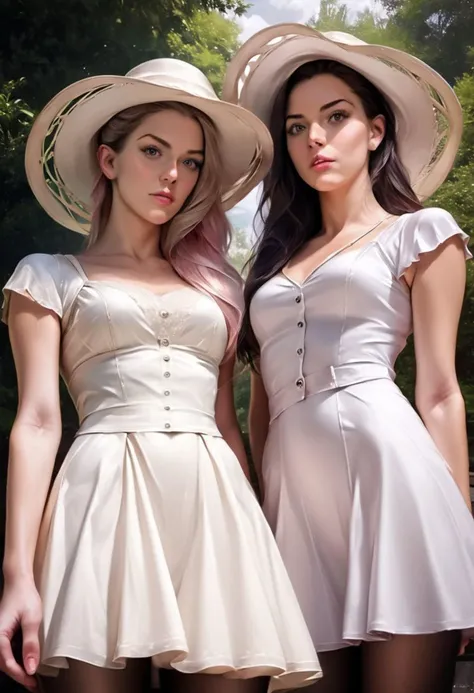 2girls, Score_9, Score_8_up, Score_7_up, (source_photo, realistic, photorealistic, detailed face),
expressive, 2 women, milfs, medium boobs, wearing light sundresses and dark pantyhose, seen from low point of view, upskirt view, voyeuristic, windy day in the park.