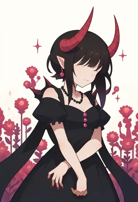 score_9, score_8_up, score_7_up, source_anime, <lora:PonyMinimalStyle:1>, MinimalStyle, female, simple, faceless female, vector, demon, horn, black hair, bangs, black dress, medium breasts, Mix an assortment of colors with varying saturations, tones, and hues, embracing the unpredictable nature of chaos to create a composition that captivates and surprises, Pearl White color, Hot Coral color,