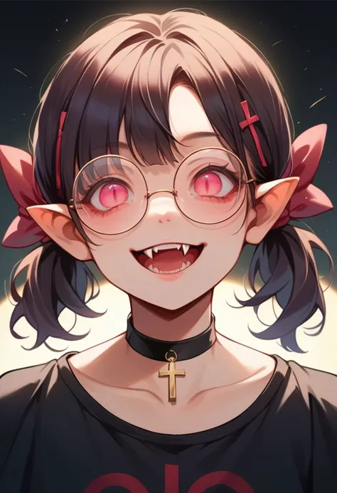 score_9, score_8_up, score_7_up, source_anime, female, round eyewear, fangs, humanoid pointy ears, (red eyes, pink eyes), black hair, short hair, short twintails, hair bow, black background, smile, open mouth, black shirt, choker, cross, hair across eyes
