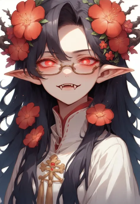 score_9, score_8_up, score_7_up, source_anime, female, semi-rimless eyewear, fangs, humanoid pointy ears, red eyes, black hair, long hair, glowing eyes, hair flower, white background, symbol-shaped pupils, white background,