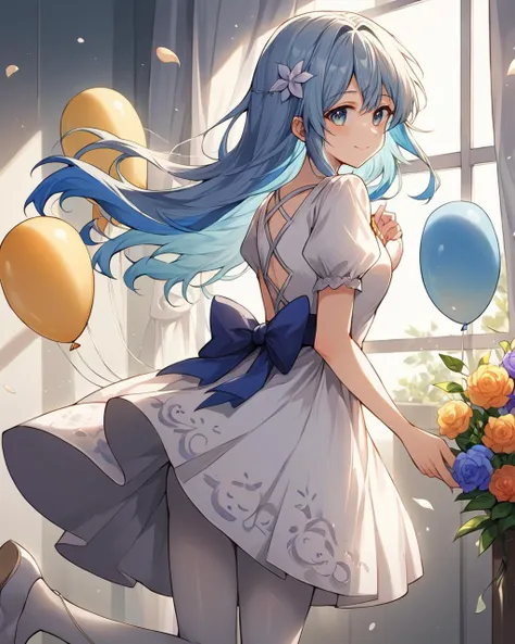 score_9, score_8_up, 1girl, masterpiece,,hair_flower,blue_flower,virtual_youtuber,indoors,holding,blue_dress,looking_back,two-tone_hair,holding_balloon,sunlight,blue_hair,isekai_joucho,hair_over_one_eye,looking_at_viewer,window,white_dress,petals,pantyhose,1girl,dress,day,kamitsubaki_studio,two-tone_dress,flower,solo,very_long_hair,floating_hair,wind,wavy_hair,cindymeimezu,grey_hair,hair_ornament,white_pantyhose,highres,long_hair,balloon,smile,curtains,multicolored_hair