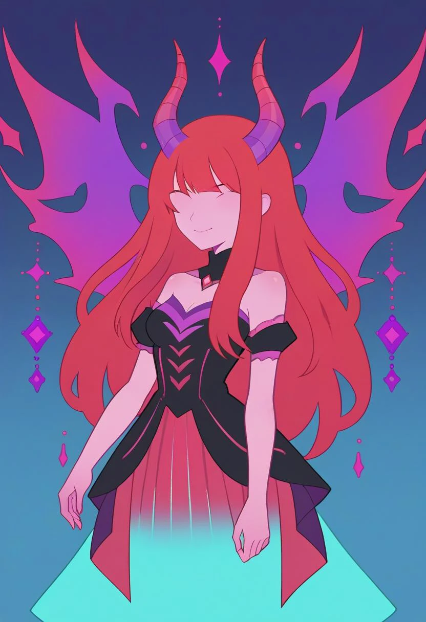 score_9, score_8_up, score_7_up, source_anime, <lora:PonyMinimalStyle:1>, MinimalStyle, female, simple, faceless female, vector, demon, horn, long hair, bangs, dress, medium breasts, Blend a riot of bright and contrasting colors, such as vibrant red, electric purple, sunny orange, and vibrant turquoise, to capture the vibrant and lively atmosphere of a carnival, Crimson Red color, Fluorescent Magenta color,