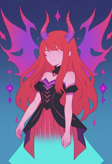 score_9, score_8_up, score_7_up, source_anime, <lora:PonyMinimalStyle:1>, MinimalStyle, female, simple, faceless female, vector, demon, horn, long hair, bangs, dress, medium breasts, Blend a riot of bright and contrasting colors, such as vibrant red, electric purple, sunny orange, and vibrant turquoise, to capture the vibrant and lively atmosphere of a carnival, Crimson Red color, Fluorescent Magenta color,