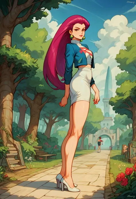 Score_9_up, score_8_up, score_7_up, Jessie (pokemon), outdoors, , head is tilted, looking at viewer, feet to viewer, full body, shoe dangle
