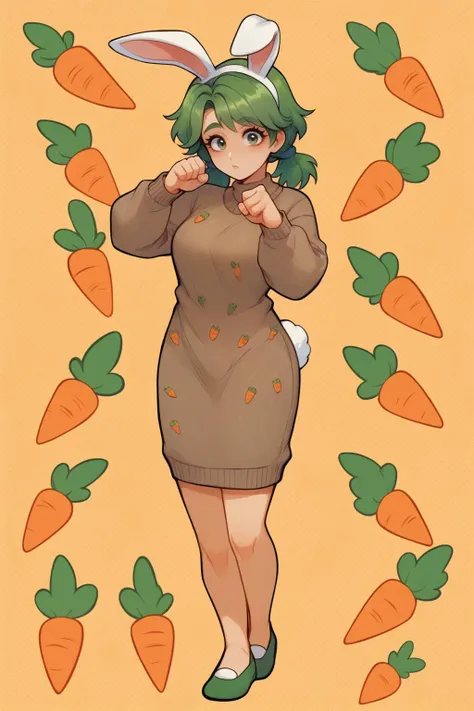 score_9, score_8_up, 1girl, <lora:NSCarolineStardew:1> NSCarolineStardew, Green hair, green eyes, low twintails, short hair, mature, brown sweater, carrot pattern, simple background, orange background, bunny ears, bunny tail, full body shot, cute pose