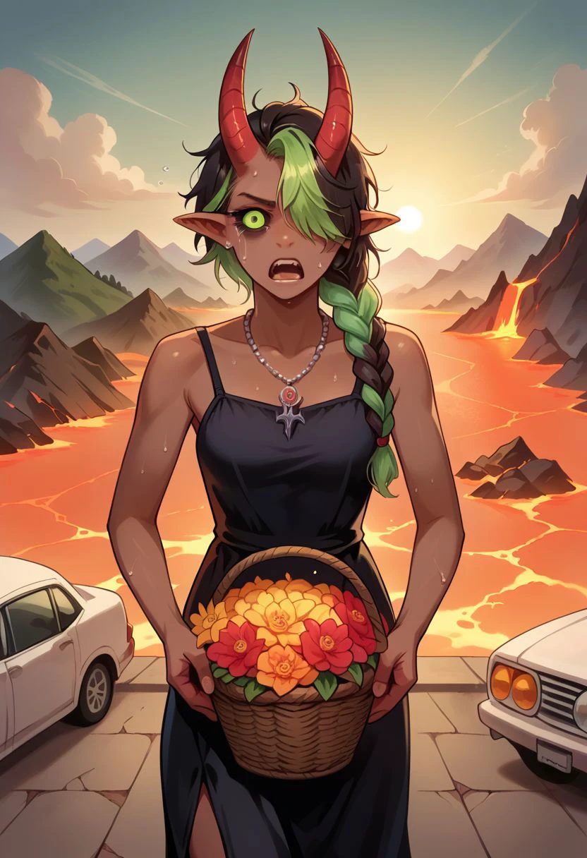 score_9, score_8_up, score_7_up, score_6_up, score_5_up, score_4_up, source_anime,
cowboy shot, looking at viewer, open mouth, surprised, power crashes kobeni's car (meme), angry, sweat, tears, wide-eyed, empty_eyes, tired,
1girl, female, sundress, black dress, layered clothing, necklace,
solo, dark skin, horn,
black sclera, green lens, demon,
multi multicolored hair, multicolored dress, (hair over one eye, twin braided hair with ponytail,), messy hair,
holding flower basket, running, outdoors,
house, lava, volcano, destruction, eerie,
(raw, realistic, real,)