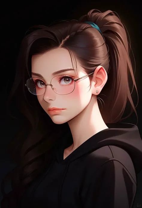 score_9, score_8_up, score_7_up, perfect eyes, Perfect Hands, Good anatomy, good proportions, common sense, perfect face, drkms, Expressiveh,detail1eye, DarkFantasy.
1 female, female (straight hair, high ponytail, thin round glasses, skinny, cute face, latina, light skin, black hoodie, small frame, tied hair)