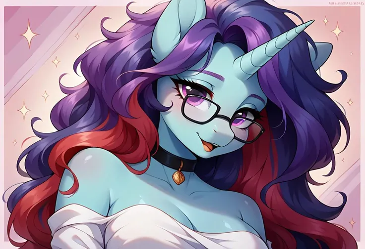 anthropomorphic, score_8_up, score_7_up, score_6_up, breasts, breasts apart 1girl, mature female,female anthropomorphic unicorn, furry, 1girl, solo, (unicorn mlp, solo, pony, messy hair,1girl, purple eyes, unicorn horn, blue skin, (long messy hair, three toned hair, three colored hair, dark blue hair, purple hair,red hair, three colored hair, long flowing hair,, black framed glasses,,My Little Pony, anthro pony,, (sexy), beautiful, detailed, (detailed cute face), detailed eyes, beautiful, ((detailed background)), shiny skin,, ruanyi1025,choker,tube dress,jewelry,short dress, strapless, full body posing in the dining room