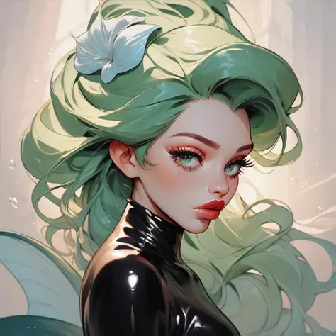 score_9, score_8_up, score_7_up, Ariel, black latex mermaid tail, latex suit, pursed lips, big lips, long eyelashes