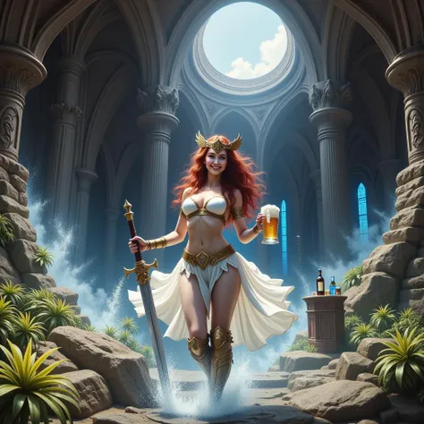 Prog420_ArbiterXL, rslarb, realistic, highest quality, depth of field, view from below, view from the side and back, (nsfw:1.2), fantasy art, medieval era,  a beautiful half-elf woman in white bikini armor with gold edges, short white sheer pleated skirt, toned ass, winged Valkyrie circlet, standing, walking away from a bar with a mug of beer, holding a mug of beer, smiling, curious, happy, excited, comfortable, mischievous, lust, desire, arousal, luxurious pub background, polished wooden furniture, barstools, liquor bottles, cups, wine racks, after hours, last call, calming gentle ambient lighting, romantic setting, in the style of Quentin Tarantino's Four Rooms, in the style of Magic the Gathering, (Arbiter from Raid Shadow Legends:1.1), [long dark red wavy hair, blue eyes, delicate feminine features, herald for the goddess of light, the mold from which all elves were cast, beautiful and aesthetic, highest quality, depth of field, realistic fantasy art, gold and white and red color pallet with blue accents, realistic lighting effects and reflections, realistic shadows and proportions, female form art, flawless, pristine, perfect]