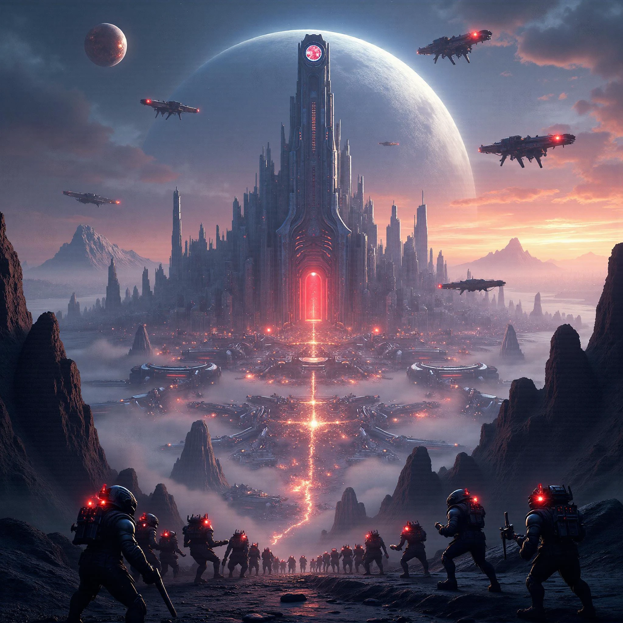 <lora:Laura_Flux_A_Timeless_Fusion_of_Ancient_Wonders_and_Futuristic_Marvels:1>"A panoramic view of a futuristic city situated on an island, surrounded by a colossal planet. The cityâs towering, sleek metal structures and a glowing metal-framed portal dominate the skyline. In the distance, a horde of menacing enemies approachesâtowering mechanical creatures with glowing red eyes, heavily armored soldiers in dark, metallic exoskeletons, and ominous, floating drones scanning the city. These enemies, exuding a sinister presence, are reminiscent of powerful sci-fi antagonists, equipped with plasma weapons and energy shields. The Orb of Eternity hovers, casting an eerie light over the city. A mono-eye window atop the city center watches as chaos unfolds. The cinematic, 'Guardians of the Galaxy'-style scene captures an epic, intense battle unfolding against a vibrant futuristic backdrop."