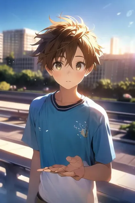 masterpiece, best quality, photorealistic, 1boy, solo, male focus, looking at viewer, upper body, , <lora:rito_yuuki:0.70>, rito_yuuki, brown hair, brown eyes, spiked hair, dress shorts, , The City of Mirrors, High resolution