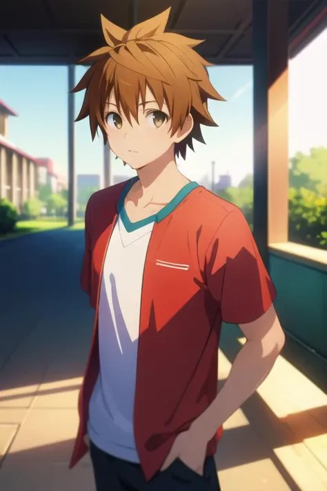 masterpiece, best quality, , 1boy, solo, male focus, looking at viewer, , depth of field, <lora:rito_yuuki:0.74>, rito_yuuki, brown hair, brown eyes, spiked hair, , , Blu-ray