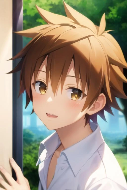 masterpiece, best quality, wallpaper, 1boy, solo, male focus, looking at viewer, , , <lora:rito_yuuki:0.74>, rito_yuuki, brown hair, brown eyes, spiked hair, , ,