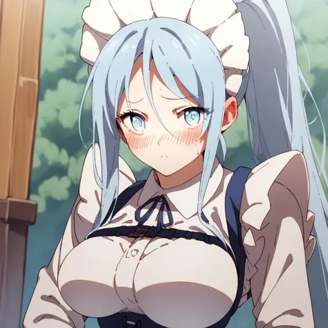 long_hair, 1girl, blue_eyes, blue_hair, solo, blush, large_breasts, ponytail   , maid_headdress, maid, apron, upper body, looking at viewer, score_9, score_8_up, score_7_up, , anime coloring ,BREAK source_anime, anime