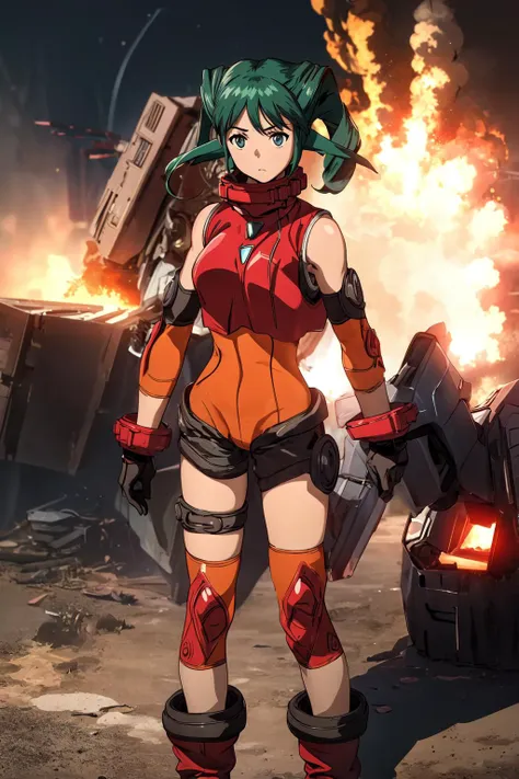masterpiece, best quality, 1girl, detailed face and eyes, serious, cowboy shot, standing, battle robot, explosion behind,
<lora:solty-v4:0.9>, solty revant, red tops, bare shoulders, bodysuit, gloves, boots