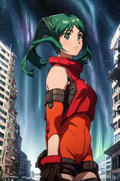 masterpiece, best quality, 1girl, detailed face and eyes, determined, >:), standing, cowboy shot, from front, starry sky, aurora, city, skyscraper,
<lora:solty-v4:1.0>, solty revant, green hair, red tops, bare shoulders, bodysuit, gloves,