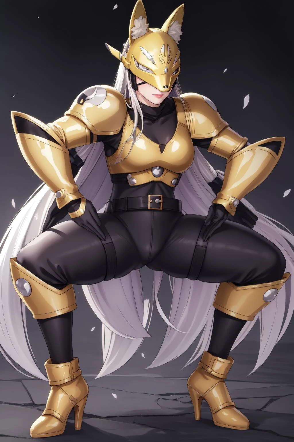 (masterpiece, best quality), intricate details,
1girl, <lora:sakuyamontest:0.8> sakuyamon, animal ears, fox, fox ears, long hair, white hair, facial mark, fox mask, mask, (covered eyes:1.7),, armor, belt, bodysuit, gauntlets, golden armor, high heels, yin yang,,
<lora:Haigure:0.8> squatting, legs spread,