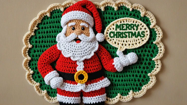 <lora:CROCHETED:1>CROCHETED Photo of Santa with a text bubble that says "Merry Christmas!"