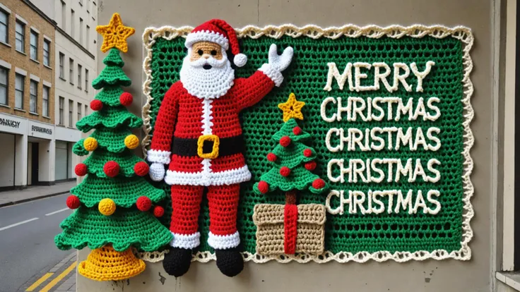 "Banksy style <lora:CROCHETED:1>CROCHETED Photo of Santa and christmas tree with a sign that says "Merry Christmas" . Street art