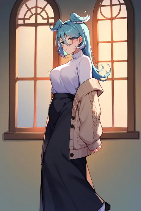 score_9, score_8_up, score_7_up, uncensored, source_anime, 1girl, <lora:speliraPendoraXLPony:1> elira3st, long hair, heterochromia, round glasses, off shoulder, cardigan sweater, long sleeves, high-waist skirt, long skirt, hairclip, white socks, black footwear, backlighting, from side, glint, signature, sunlight, upper body, watermark, window