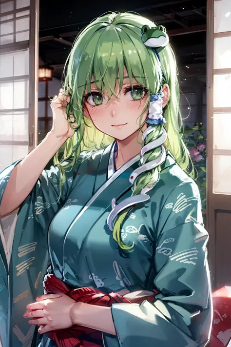 masterpiece, best quality, <lora:sanae:1>, <lora:style03:1>,1girl, solo, long hair, green eyes, green hair, kochiya sanae, hair ornament, japanese clothes, kimono, looking at viewer, smile, wide sleeves, frog hair ornament, sash, long sleeves, obi, bangs, snake hair ornament, alternate costume, upper body, blinds, indoors, blush, hair between eyes, hand up, floral print, closed mouth, white kimono, cowboy shot, blue kimono, hand in own hair