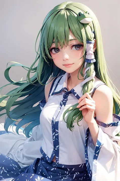 masterpiece, best quality,  <lora:sanae:1>,1girl,kochiya sanae,smile, long hair,green hair,green eyes,frog hair ornament, hair tubes,snake,detached sleeves,shirt,skirt, (grey background:1.4), (kbxll:0.7)