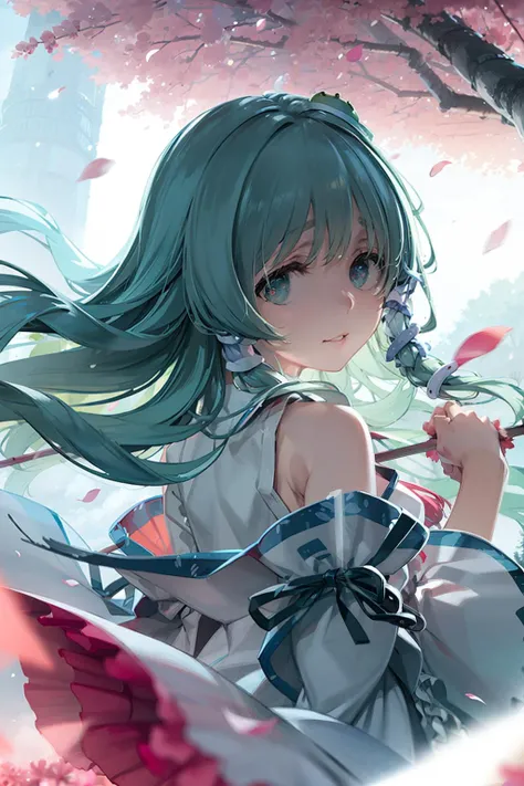 masterpiece, best quality, <lora:sanae:1>, <lora:style01:1>,1girl, solo, green hair, green eyes, kochiya sanae, detached sleeves, flower, petals, torii, long hair, looking back, sky, tree, cherry blossoms, bare shoulders, depth of field, wind, snake, looking at viewer, hair ornament, cloud, nature, blurry, frog, dutch angle