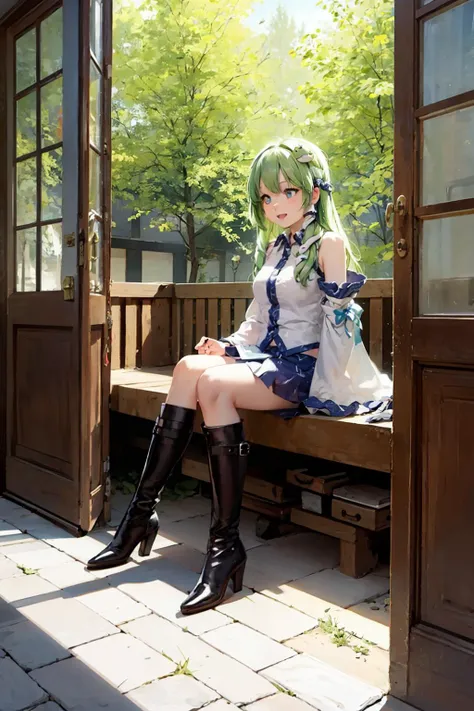 masterpiece, best quality, <lora:sanae:1>,1girl, kochiya sanae, solo, long hair, green hair, hair ornament, in tree, frog hair ornament, boots, green eyes, detached sleeves, tree, sitting, sitting in tree, snake hair ornament, skirt, cross-laced footwear, hair tubes, open mouth, breasts, dappled sunlight, wide sleeves, sunlight, shirt, lace-up boots, smile, sky, nature, outdoors, day, blue skirt, cloud, bare shoulders, brown footwear, nontraditional miko, full body, forest, large breasts, looking away, long sleeves, armpits, tree shade, branch, medium breasts, long skirt, knee boots