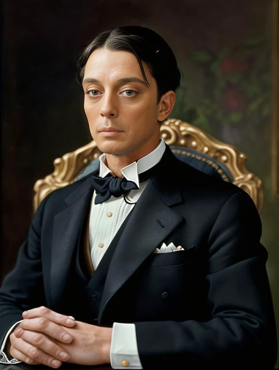 (masterpiece, absurdres, biggest quality) portrait of BUSTERKEATON with a tuxedo, gustav klimt background, backlight, breathtaking, gods rays, high res, Nikon D780, Dslr, sharp focus, hyperrealism, detailed skin pores, insanely detailed, lush detail, F<lora:epi_noiseoffset2:1>