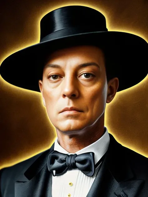 (masterpiece, absurdres, biggest quality) portrait of  BUSTERKEATON with a tuxedo,  gustav klimt background, backlight, breathtaking, gods rays, high res, Nikon D780, Dslr, sharp focus, hyperrealism, detailed skin pores, insanely detailed, lush detail, F<lora:epi_noiseoffset2:1>, trending in artstation, greg rutkowvsky style