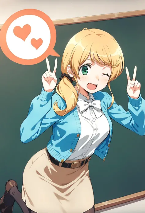 1girl, solo, sexy detailed face, ellenbaker, blonde hair, green eyes, white blouse, white bow, khaki pencil skirt, black pantyhose, belt, light blue cardigan, :P, wink, one eye closed, looking at viewer, double v, spoken heart, midair jump, green chalkboard background, <lora:offset_0.2:0.5>, <lora:sdxl2-flat2-512b:-0.5>, <lora:xl_more_art-full_v1:0.5>, <lora:add-detail-xl:1>, anime screencap, very aesthetic, best quality, <lora:ellen_official_xl:1>