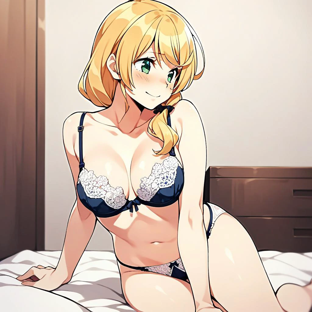 aahayasaka, side ponytail, medium breasts, necklace, eggplant lace bra, eggplant lingerie, eggplant panties, (big breasts:1.2), blush, looking at viewer, closed mouth.