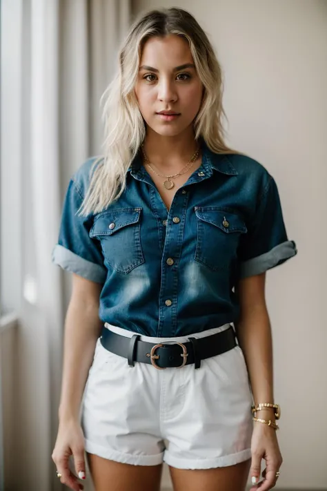 Realistic photo of a beautiful k4l3yc-v1 woman,1girl, solo, long hair, white t-shirt, blonde hair, jewelry, medium breasts, shorts, belt, necklace, nail polish, bracelet, lips, short shorts, ring, denim, denim shorts, realistic, cutoffs, soft lighting, professional Photography, Photorealistic, detailed, RAW, analog, sharp focus, 8k, HD, DSLR, high quality, Fujifilm XT3, film grain, award winning, masterpiece<lora:k4l3yc-v1:1.0><lora:k4l3yc-v1:1.0>