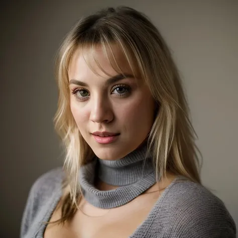 Realistic photo of a beautiful k4l3yc-v1 woman, 1girl, solo, long hair, breasts, looking at viewer, (((blonde hair))), indoor background, turtle neck sweater, upper body, parted lips, teeth, grey background, lips, realistic, nose, soft lighting, professional Photography, Photorealistic, detailed, RAW, analog, sharp focus, 8k, HD, DSLR, high quality, Fujifilm XT3, film grain, award winning, masterpiece<lora:k4l3yc-v1:1.0>