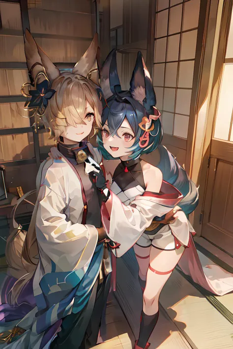 YouBase, short hair, hair ornament, off shoulder, kimono, gloves, white shorts, thigh strap, YouGBm short hair, multiple tails, <lora:YouGranblue> multiple characters, brother and sister, friends, smiling, happy, japanese house, wooden house, 1girl, 1boy,