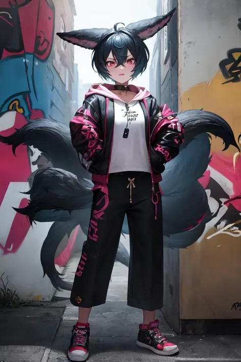 masterpiece, best quality, absurdres, perfect anatomy, 1girl, solo, YouGB, short hair, multiple tails, urban and street style, graffiti-inspired colors, cool and edgy attire, baggy pants, oversized hoodie, stylish sneakers, fashionable accessories, hip hop jewelry, confident expression, graffiti walls, energetic and vibrant atmosphere