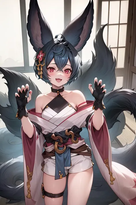 masterpiece, best quality, absurdres, perfect anatomy, 1girl, solo, YouGB, YouBase, short hair, hair ornament, off shoulder, kimono, gloves, white shorts, thigh strap, standing, cowboy shot, smile, :d, fangs, claw pose, indoors, japanese room