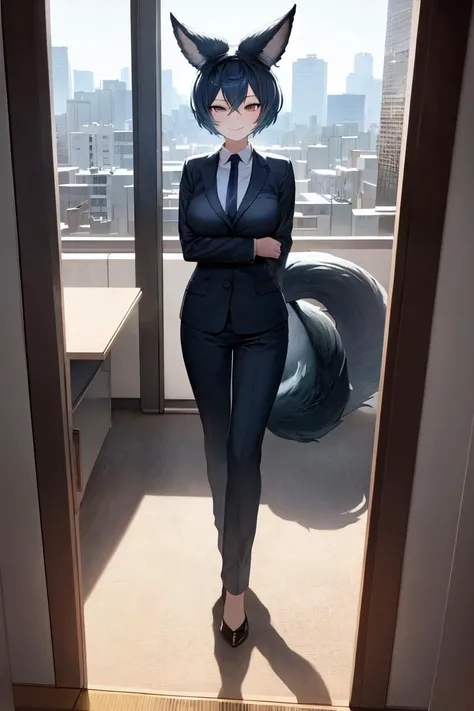 masterpiece, best quality, absurdres, perfect anatomy, 1girl, solo, YouGB, short hair, (multiple tails, large tail), suit jacket, pant suit, formal, dress shirt, standing, smile, office, window, tokyo scene