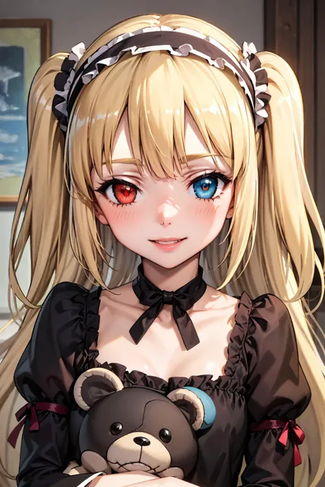 (best quality:1.1), (masterpiece:1.4), (absurdres:1.0), portrait, close-up,
1girl, hasegawa kobato, (flat chest:1.1), blonde hair, twintails, long hair, (heterochromia:1.2), dress, hairband, looking at viewer, indoors, smile, stuffed animal,
<lora:Kizuki - Haganai - Hasegawa Kobato:0.95>