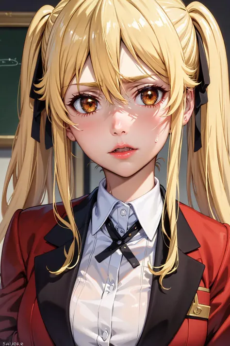 (best quality:1.1), (masterpiece:1.4), (absurdres:1.0), portrait, close-up,
1girl, saotome mary , school uniform, twintails, blonde hair, black skirt, looking at viewer, red jacket,
<lora:Kizuki - Kakegurui - Saotome Mary:0.85>