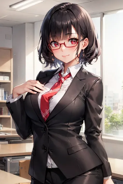 best quality, masterpiece, 1girl, (solo), standing, suit, red necktie, short hair, blunt bangs, (((perfect eyes))), (((perfect body))), black hair, red eyes, (((office))), black eyes, desk, light smile, closed mouth, large breasts, glasses,