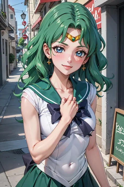 (best quality:1.1), (masterpiece:1.4), (absurdres:1.0), portrait, close-up,
1girl, sailor neptune, (mature woman:1.3), small breasts, aqua eyes, dark green hair, medium hair, sailor senshi uniform, plead skirt, looking at viewer, alley, (blush:1.2), smile, aged up, hand on chest,
<lora:Kizuki - Sailor Moon - Sailor Neptune:0.95>