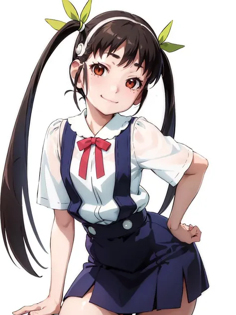 (best quality, masterpiece:1.2), ultra detailed, 1girl, <lora:hachikuji-mayoi-v1:1>, hachikuji01, twintails, long hair, smile, :3, flat chest,
hairband, shirt, microskirt, suspender skirt,
leaning forward,
pastel simple background,