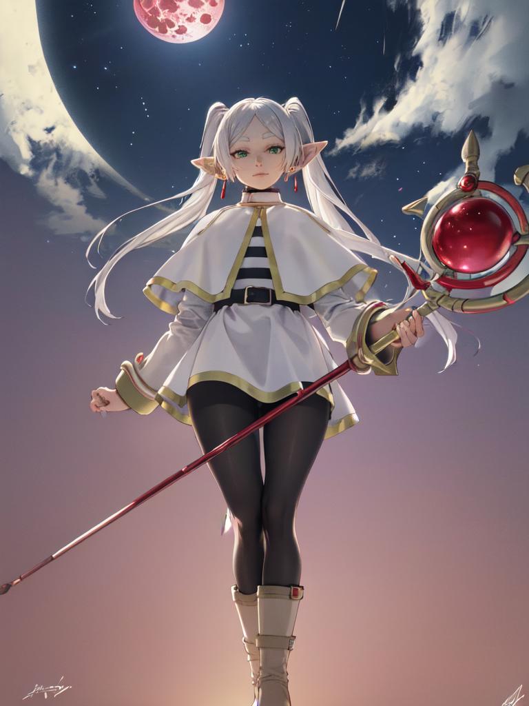 A woman in a white dress holding a sword and a red ball - SeaArt AI